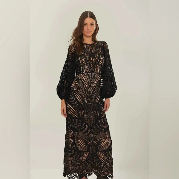 FARM Rio | Dresses | Farm Rio Black Nature Guipure Midi Dress | Poshmark